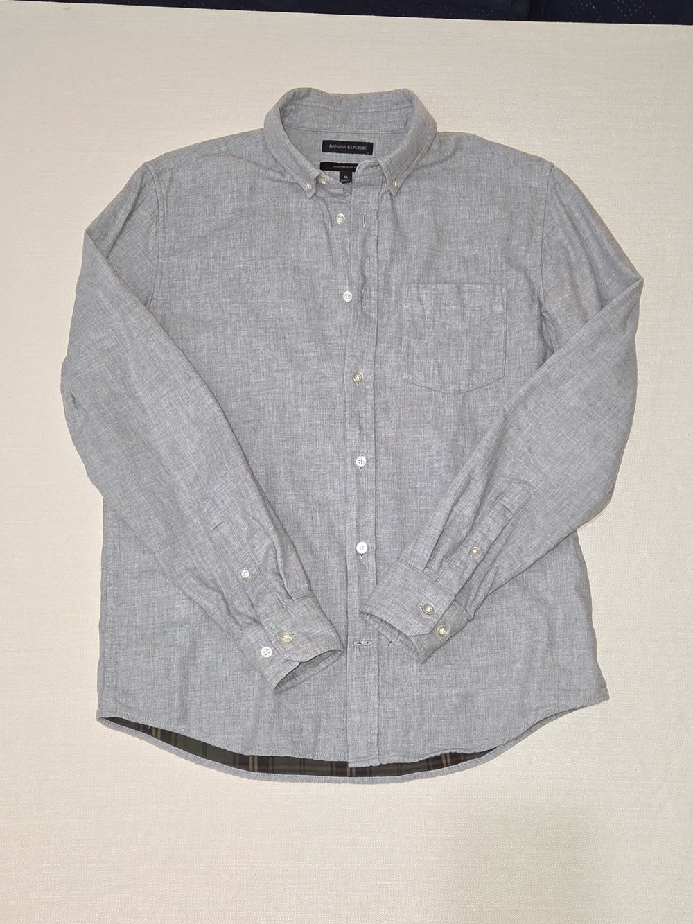 Banana Republic Light Gray Plaid Lined Untucked Slim Fit Men's Shirt Size M